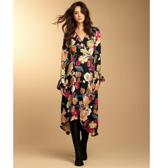 New BAND OF THE FREE Boho Floral Multi Hi-Lo Wrap Maxi Dress Long Sleeve Hippie - Picture 4 of 13